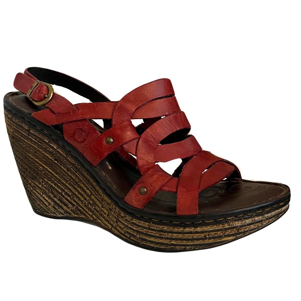 Born Genesis leather wedge heels size 9 red strapped heels wood look 4 inch